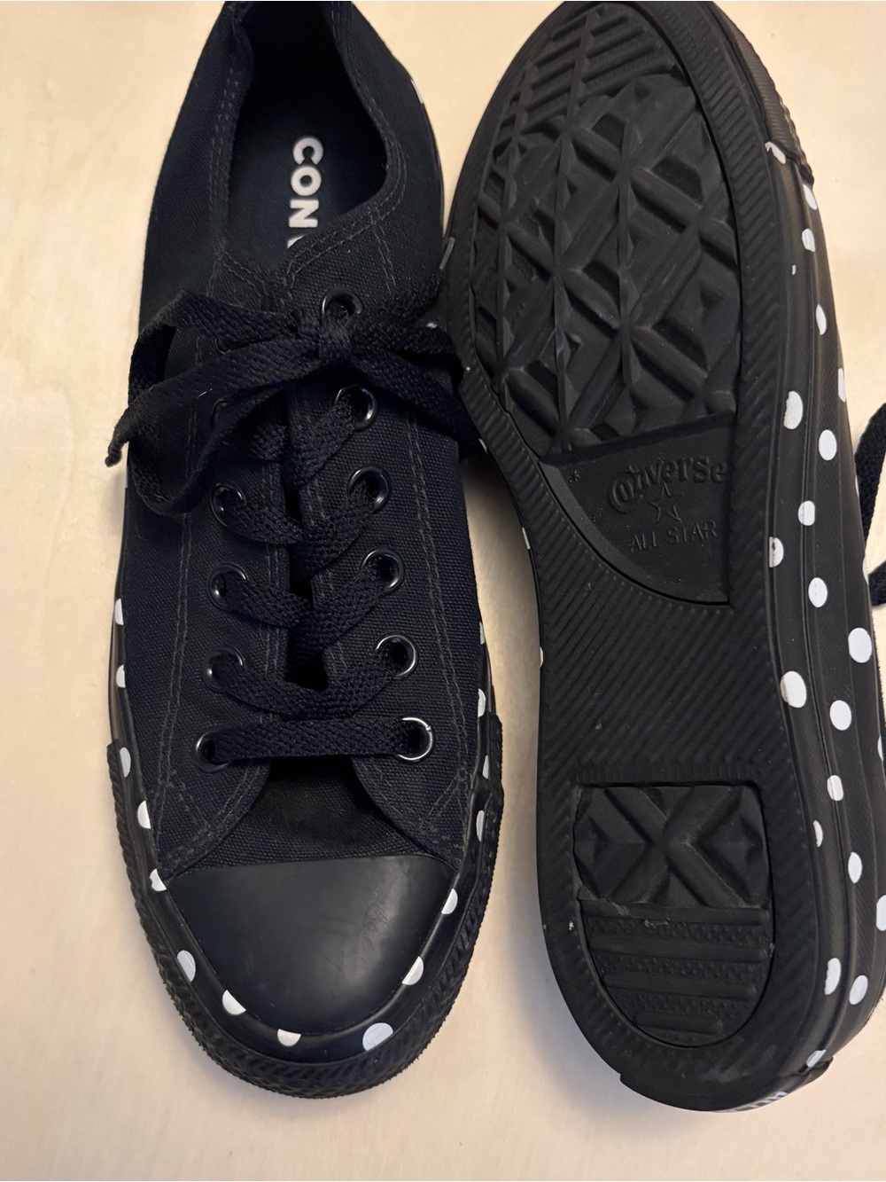 Women’s Black Low-Top Converse All-Star Sneakers with White Polka Dots, Size 8 - Picture 9 of 10